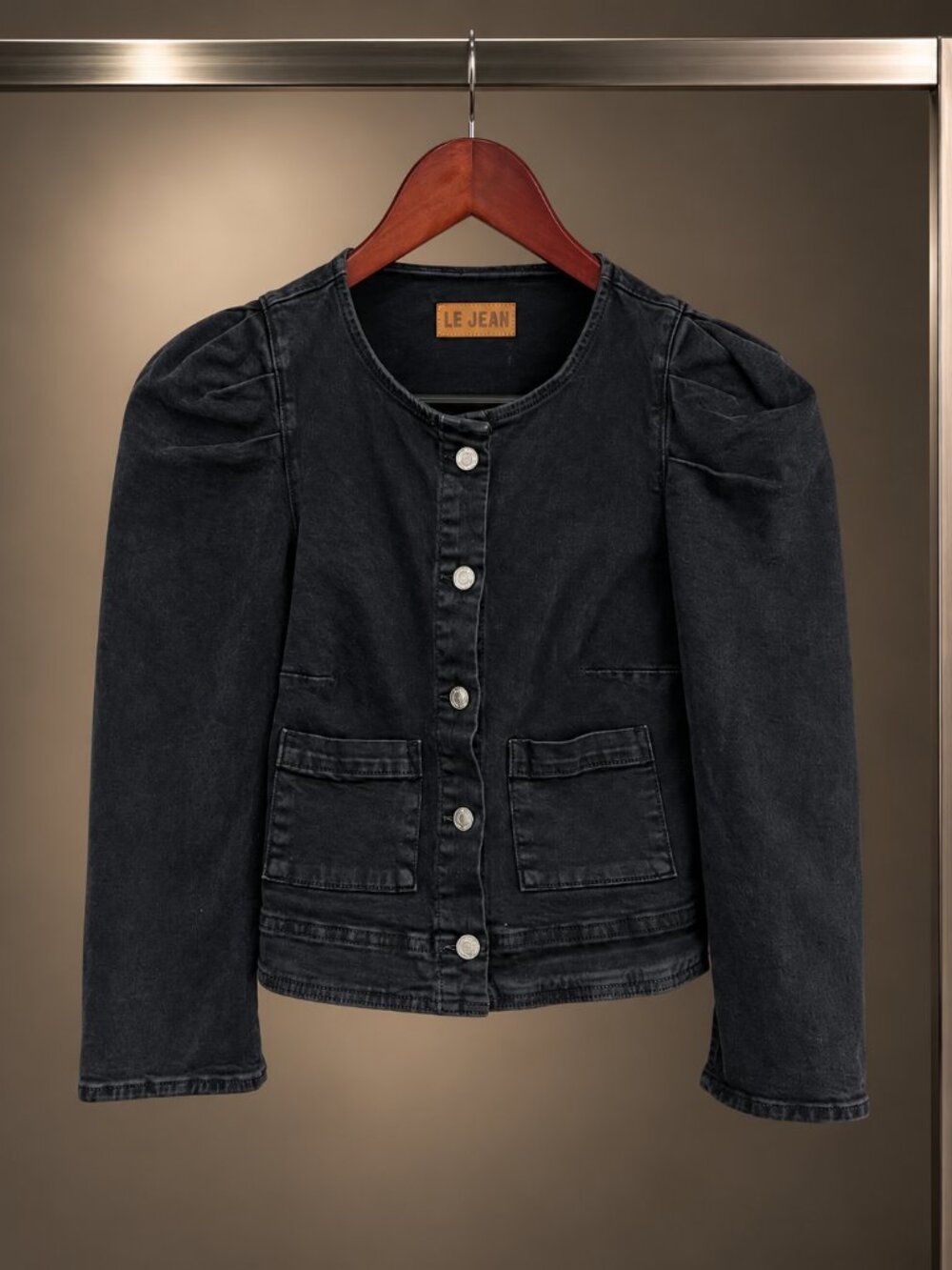LE JEAN by Charlie Gay Black Puff Sleeve Cropped Denim Jacket Collarless USA S